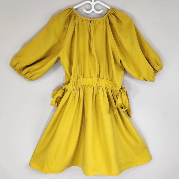 Zara Yellow Puff Sleeve Babydoll Mini Dress Ruched Waist NWT Size M - Picture 7 of 9